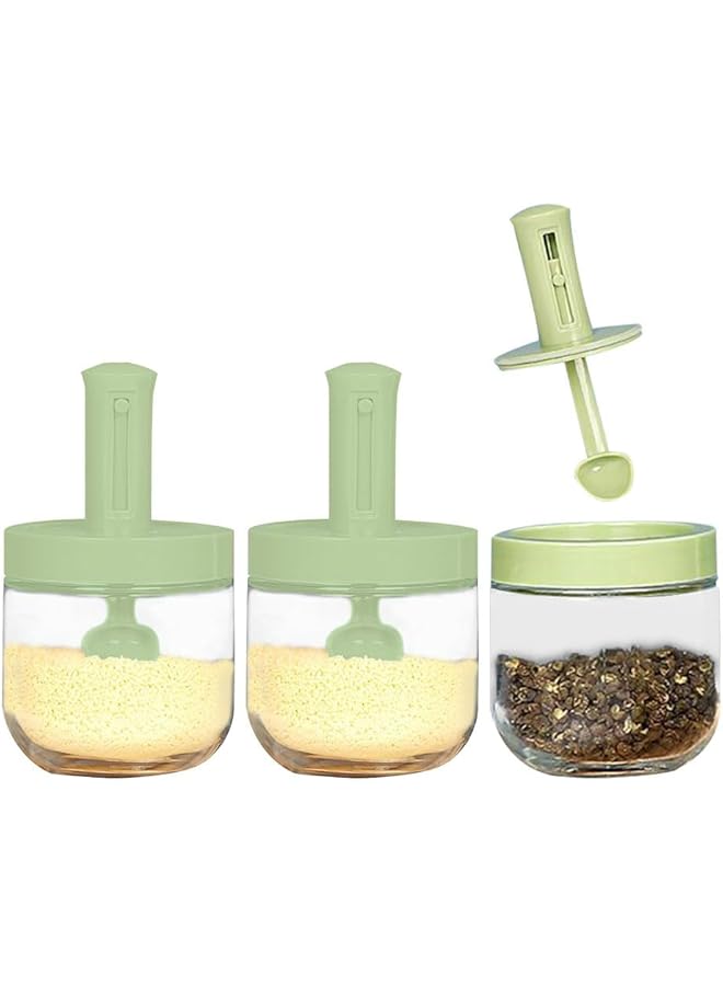 جيه زد اس 3 قطع من برطمانات التوابل الزجاجية، زجاجة توابل زجاجية مع ملعقة قابلة للسحب وغطاء، برطمان تخزين توابل قابل للغسل لهدية الترحيب بالمنزل الجديد في المطبخ (أخضر)