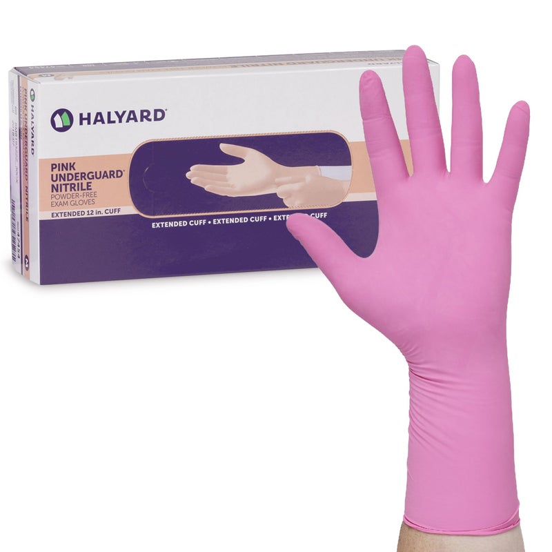 HALYARD PINK UNDERGUARD Nitrile Exam Gloves, Powder-Free, 4.7 mil, Extended 12 Inches Cuff, Pink, Medium, 47454 (Box of 100) - Image 1