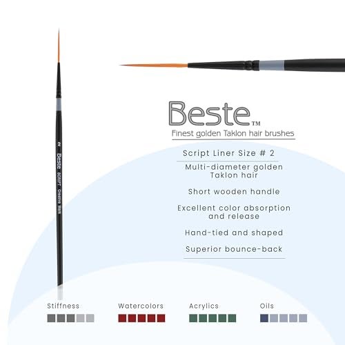 Creative Mark Beste Golden Taklon Script Liner, #2 Artist Paint Brush, Professional Watercolor Brushes, for Acrylic Painting, Short Handle, Sharp Edges, Hand-Tied & Shaped - Image 2