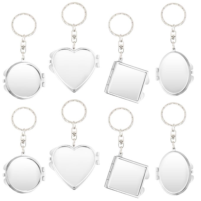 8PCS MINI METAL FOLDING MIRRORPORTABLE COMPACT COSMETIC MIRRORDUAL SIDED VANITY MIRROR WITH KEY RING KEYCHAINMAKEUP TOOLS FOR WOMEN GIRLSSQUARECIRCULARHEARTSHAPEDELLIPTICAL