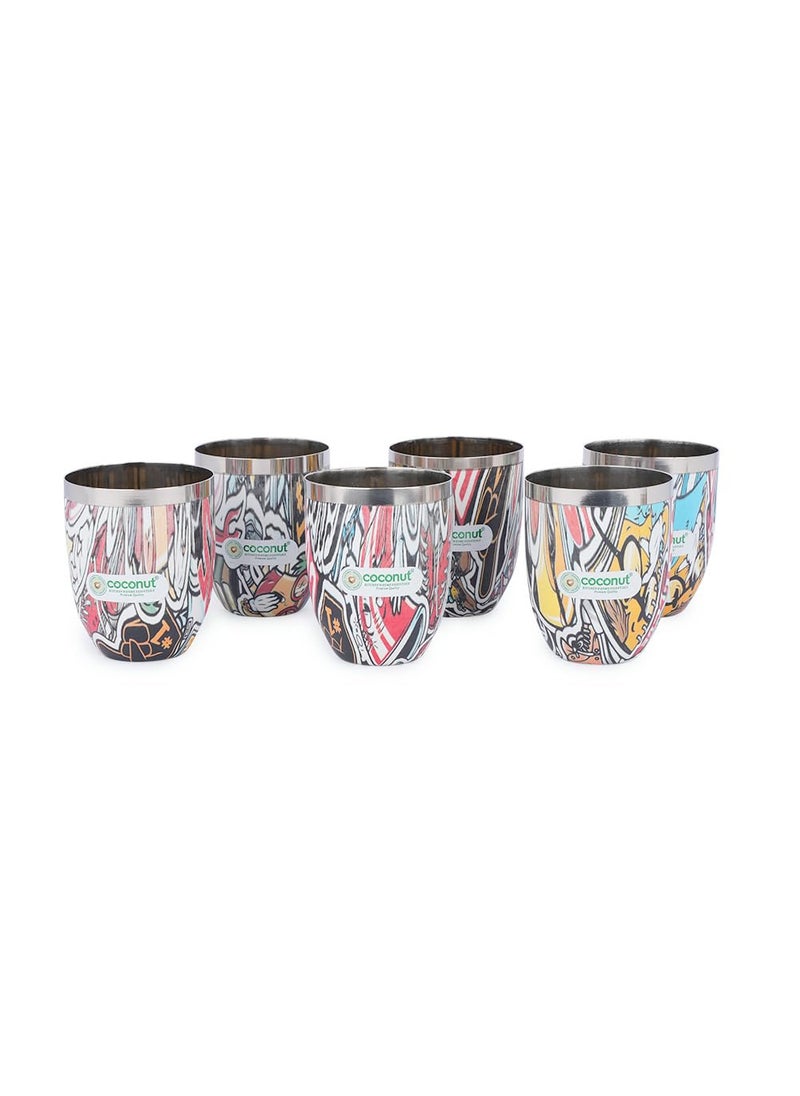 Coconut coconut Stainless Steel Printed Designer Multi Color Water Glass/Tumbler - Capacity -300ML -Pack of 6 Glasses  - Image 1