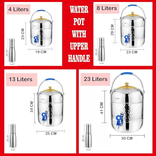Mintage Water Pot Hammered + Free Water Bottle | Container 8 Liters Bottle 1 Liters | Steel Matka for Water Storage | Steel Container Pot for Drinking Water | Water Dispenser | Water Storage - Image 2