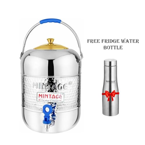 Mintage Water Pot Hammered + Free Water Bottle | Container 8 Liters Bottle 1 Liters | Steel Matka for Water Storage | Steel Container Pot for Drinking Water | Water Dispenser | Water Storage - Image 5