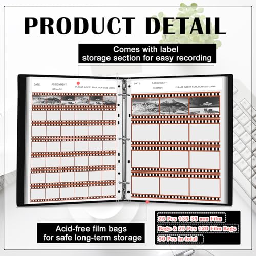 Feifeiya Film Negative Storage Box Set Acid Free Film Protector 3 Ring Film Negative Sleeves Binder 50 Pcs Negative Page Preservers for 120 Film Negative Storage and 135 35mm Negative Sleeves(Black) - Image 4