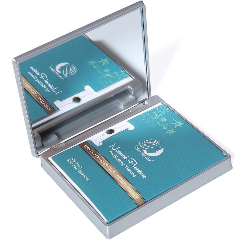 مرآة مكياج مع أوراق امتصاص الزيت للوجه من الفحم البامبو 100 ورقة مرآة تجميل فضية قابلة للطي للسفر