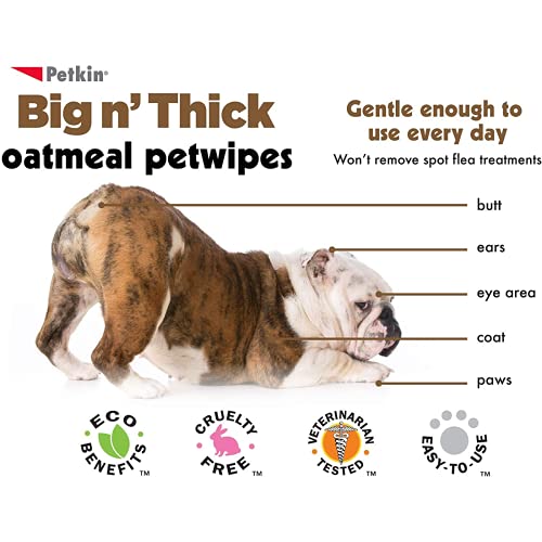 Petkin Big N' Thick Oatmeal Pet Wipes for Dogs and Cats, Wipes Away Daily Dirt and Odor, Cleans Face, Ears, Body and Eye Area, Super Convenient, Ideal for Home or Travel 100 Wipes - Image 4