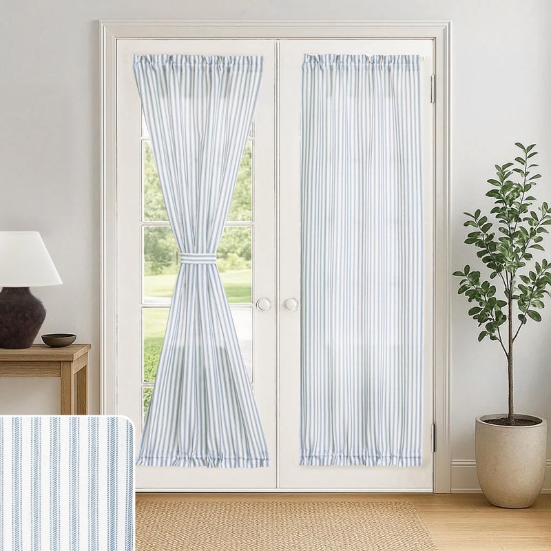 Lino Rosa French Door Curtain Panel for Double Door Window Covering,Striped Linen Sheer Privacy Rod Pocket Coastal Grand Millenial Farmhouse Sliding Patio Door Shades 25x72 inches Long Dusty Light Blue - Image 1