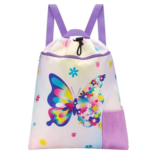 WAWSAM Butterfly Gym Drawstring Backpack 15 x 17 Sports Gym Bag Drawstring Bag for Girls Waterproof String Backpack for Beach Swim Travel Yoga Gift with Zipper Pocket and Water Bottle Pocket - Image 1