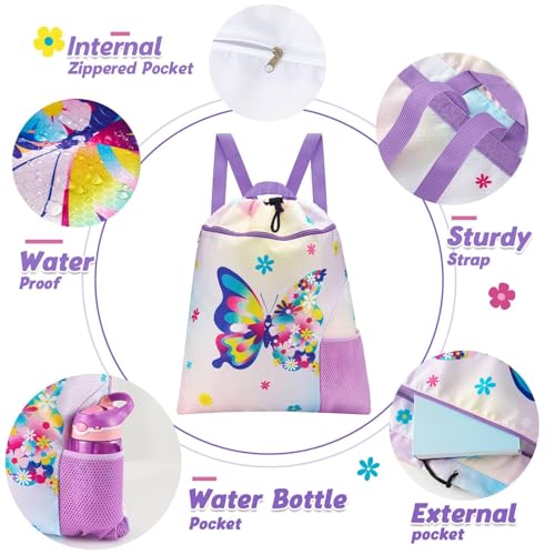 WAWSAM Butterfly Gym Drawstring Backpack 15 x 17 Sports Gym Bag Drawstring Bag for Girls Waterproof String Backpack for Beach Swim Travel Yoga Gift with Zipper Pocket and Water Bottle Pocket - Image 3