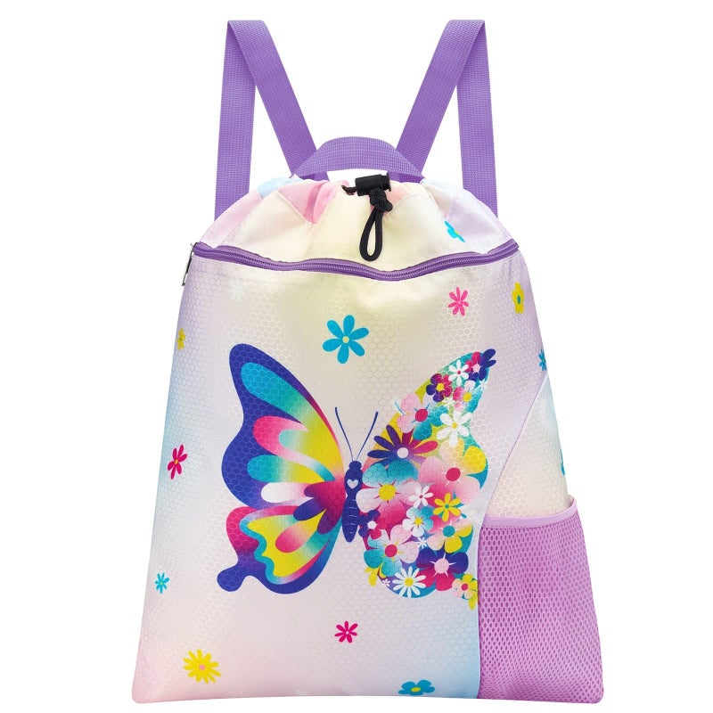 WAWSAM Butterfly Gym Drawstring Backpack 15 x 17 Sports Gym Bag Drawstring Bag for Girls Waterproof String Backpack for Beach Swim Travel Yoga Gift with Zipper Pocket and Water Bottle Pocket - Image 2