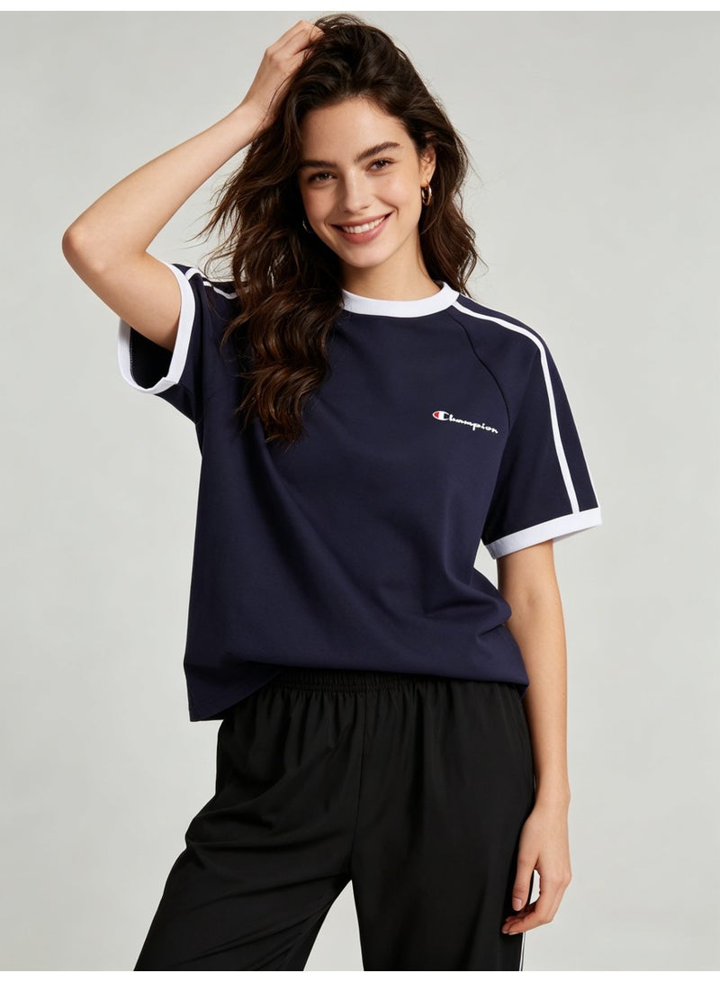 شامبيون Champion Women’s Navy Raglan Short Sleeve T-Shirt with Striped Sleeves - Image 1