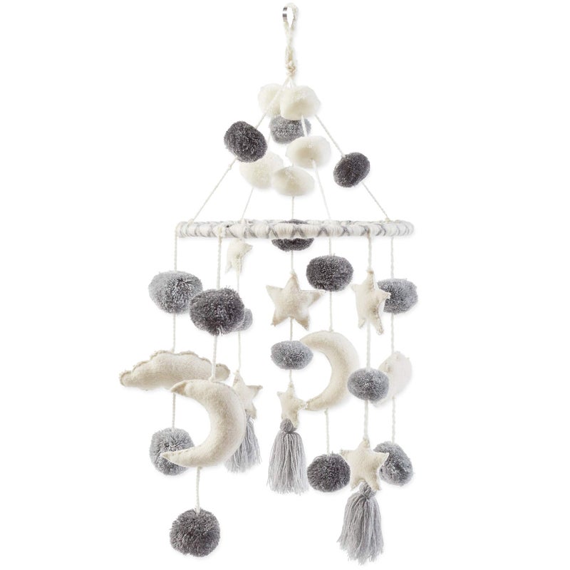 Mud Pie Pom Pom Stars and Clouds Celestial Crib Mobile White and Grey WhiteGrey