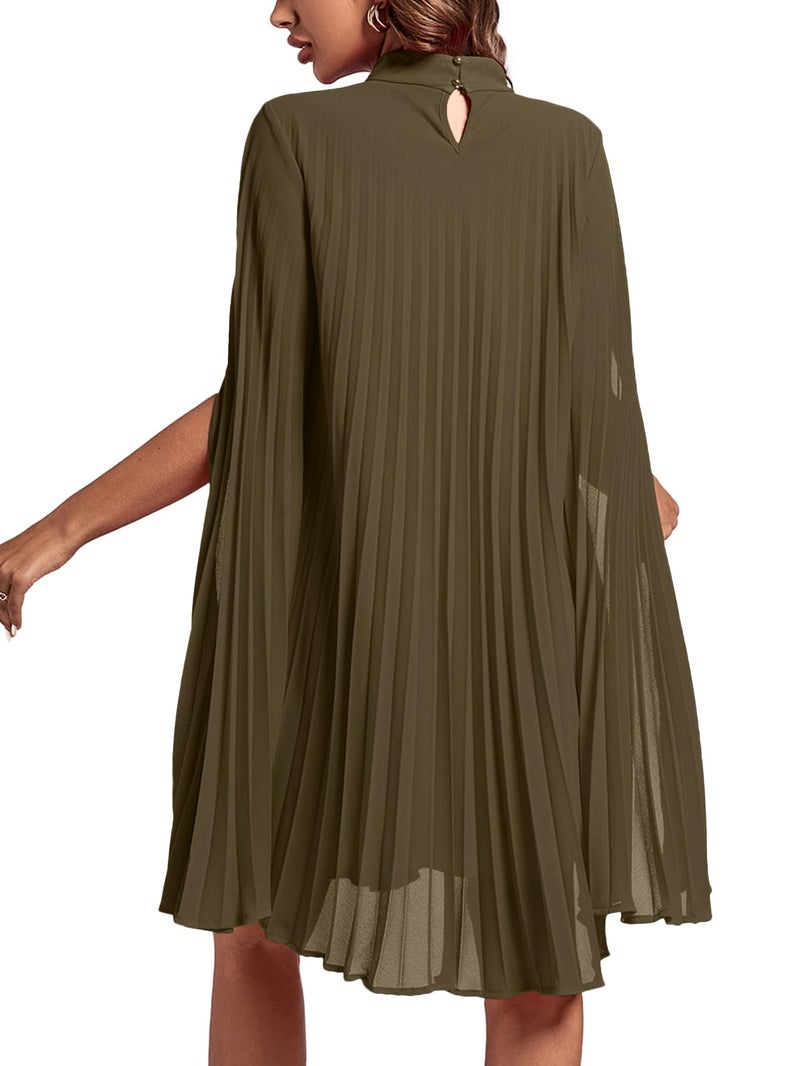 Rooscier Women's Pleated Mock Neck Cloak Sleeve Keyhole Back Flowy Party Midi Dress Plain Army Green Small - Image 2