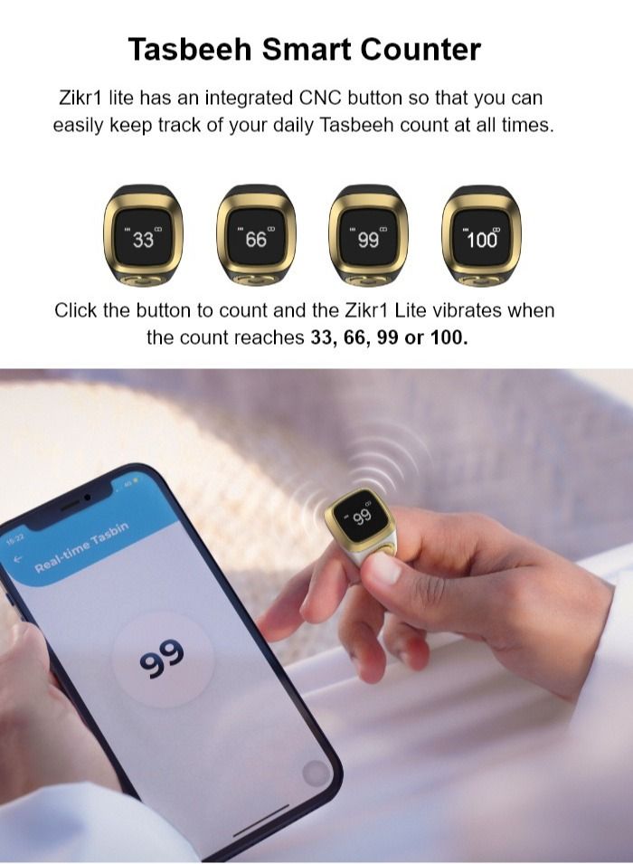 جولدفش خاتم ذكي من زكر 1 لايت للمسلمين عداد تسبيح مع تذكير بالاهتزاز 20 مم - Image 5