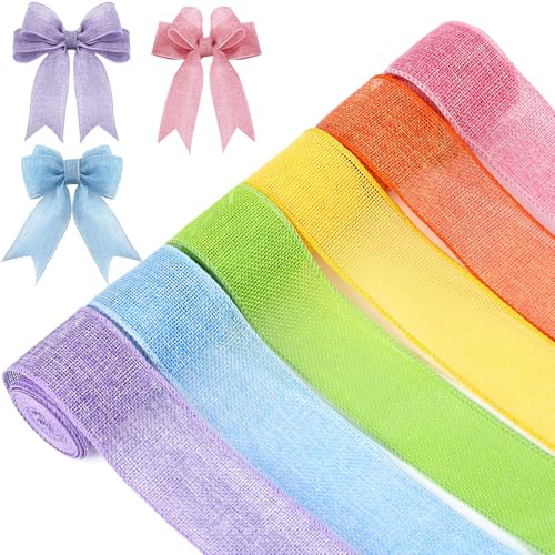 Yuefunny 6 Rolls Easter Spring Pastel Wired Ribbon Colorful Burlap Ribbon Total 30 Yard for Valentine's Day Spring Wreaths Crafts Bow Gift Wrapping Party Decoration(Easter Color,2 Inch) - Image 1