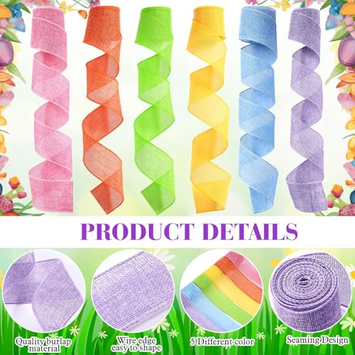 Yuefunny 6 Rolls Easter Spring Pastel Wired Ribbon Colorful Burlap Ribbon Total 30 Yard for Valentine's Day Spring Wreaths Crafts Bow Gift Wrapping Party Decoration(Easter Color,2 Inch) - Image 3