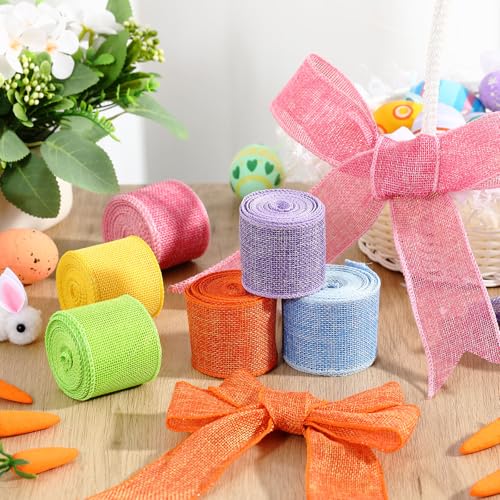 Yuefunny 6 Rolls Easter Spring Pastel Wired Ribbon Colorful Burlap Ribbon Total 30 Yard for Valentine's Day Spring Wreaths Crafts Bow Gift Wrapping Party Decoration(Easter Color,2 Inch) - Image 4