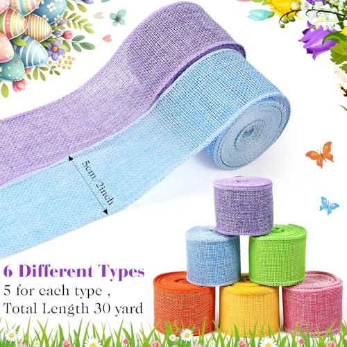 Yuefunny 6 Rolls Easter Spring Pastel Wired Ribbon Colorful Burlap Ribbon Total 30 Yard for Valentine's Day Spring Wreaths Crafts Bow Gift Wrapping Party Decoration(Easter Color,2 Inch) - Image 2