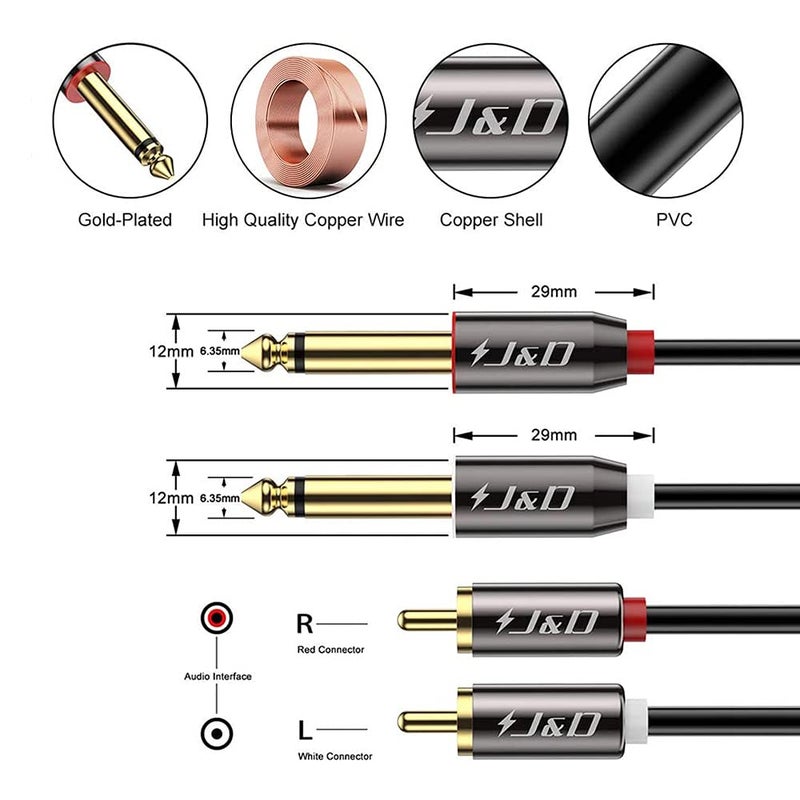J&D 1/4 to RCA Cable, Gold Plated Copper Shell Heavy Duty 2X6.35mm TS to Dual RCA Stereo Audio Interconnect Cord for AV Receivers, Speakers, Home Audio Systems, Amplifiers, 6 Feet - Image 2