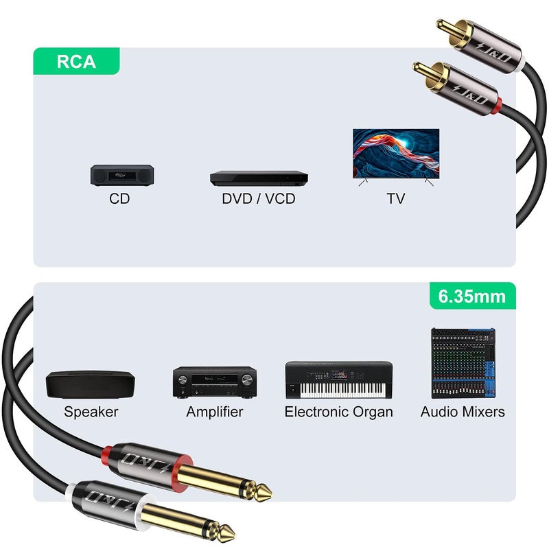 J&D 1/4 to RCA Cable, Gold Plated Copper Shell Heavy Duty 2X6.35mm TS to Dual RCA Stereo Audio Interconnect Cord for AV Receivers, Speakers, Home Audio Systems, Amplifiers, 6 Feet - Image 3