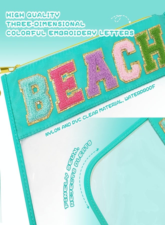 LSxia حقيبة مكياج نايلون شفافة بسحاب من LSxia تشينيل، حقيبة مكياج أنيقة، حقيبة مستحضرات تجميل شفافة، حقيبة سفر مقاومة للماء للنساء (أخضر نعناعي - شاطئ) - Image 3