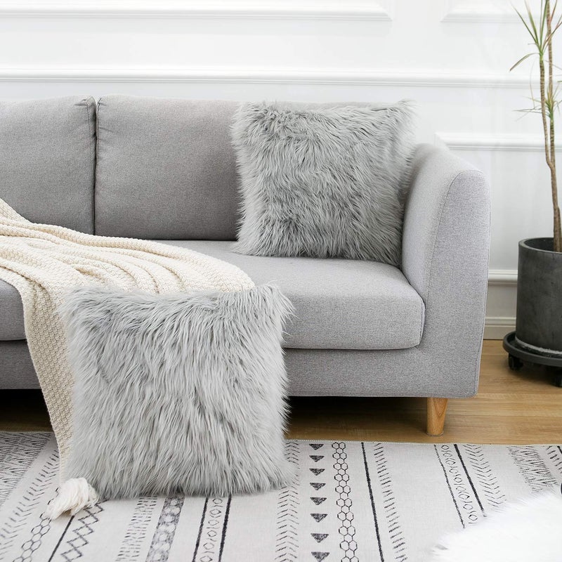 WLNUI Set of 2 Light Grey Christmas Decorative Pillow Covers New Luxury Series Merino Style Faux Fur Fluffy Throw Pillow Covers Fuzzy Cushion Case for Sofa Bedroom Living Room Home Decor 20x20 Inch - Image 2