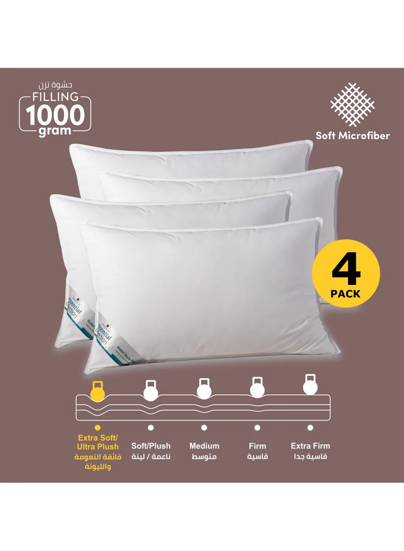 Donetella Bed Pillow, 4 Pieces, 1000 Gram Each, Size 50x75 cm, Luxury Down Alternative Filling, Soft Brushed Microfiber, Anti-Allergy, White, Pack of 4