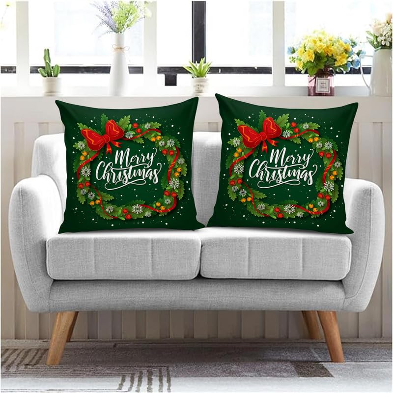 BMRGIFTS Soft Fabric Designer Decorative Printed Merry Christmas Theme Cushion Cover Xmas Decorations for Sofa Living Room Set of 2 16 x 16 inch Multi (CHMCC90) - Image 1