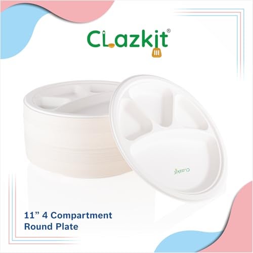 Clazkit 11 Inch 50 Pack, 4 -Compartment Disposable Bagasse Plates | Eco-Friendly, Biodegradable, Sugarcane Paper Plates | for Serving Dinner | Birthday, Wedding & Party | Round - Image 5