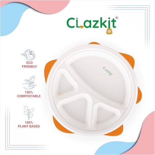 Clazkit 11 Inch 50 Pack, 4 -Compartment Disposable Bagasse Plates | Eco-Friendly, Biodegradable, Sugarcane Paper Plates | for Serving Dinner | Birthday, Wedding & Party | Round - Image 3
