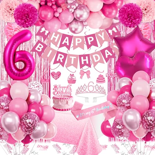 Fantspati 6th Birthday Decorations for Girls Pink Party Decorations with Number 6 Balloon Happy Birthday Banner Bday Sash Crown Tablecloth Fringe Curtain Hanging Swirl for 6 Year Old Girl Bday Decor - Image 1
