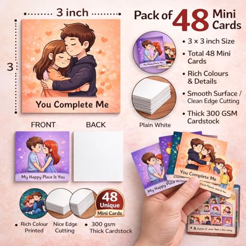 Brandian 48 Mini Love Cards for Couples | Cute Romantic & Funny Greeting Cards (3×3 Inch) | Love Notes, Thank You Cards, Postcards & Notecards for Valentine’s Day & Gifting - Image 3