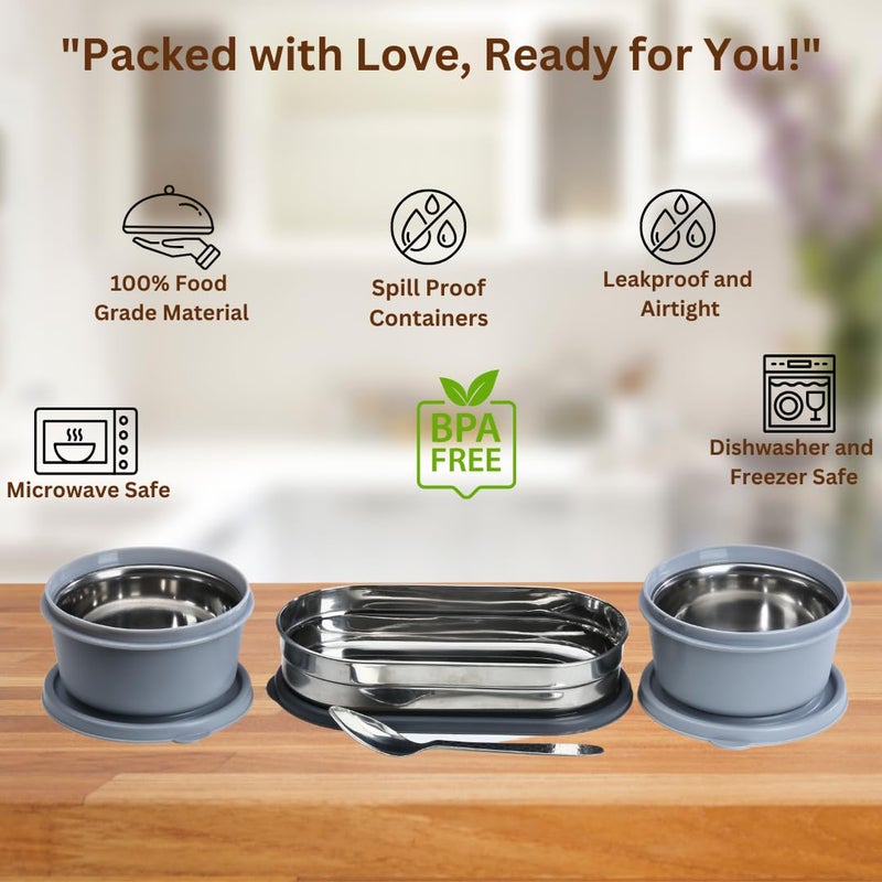 KOI TiffinPro Stainless Steel Airtight Leak-Proof Lunch Box Set Includes Insulated Bag, 2 Leakproof Containers (450ml Each) & 1 Oval Container (400ml) Stainless Steel Spoon Colour-Grey - Image 3