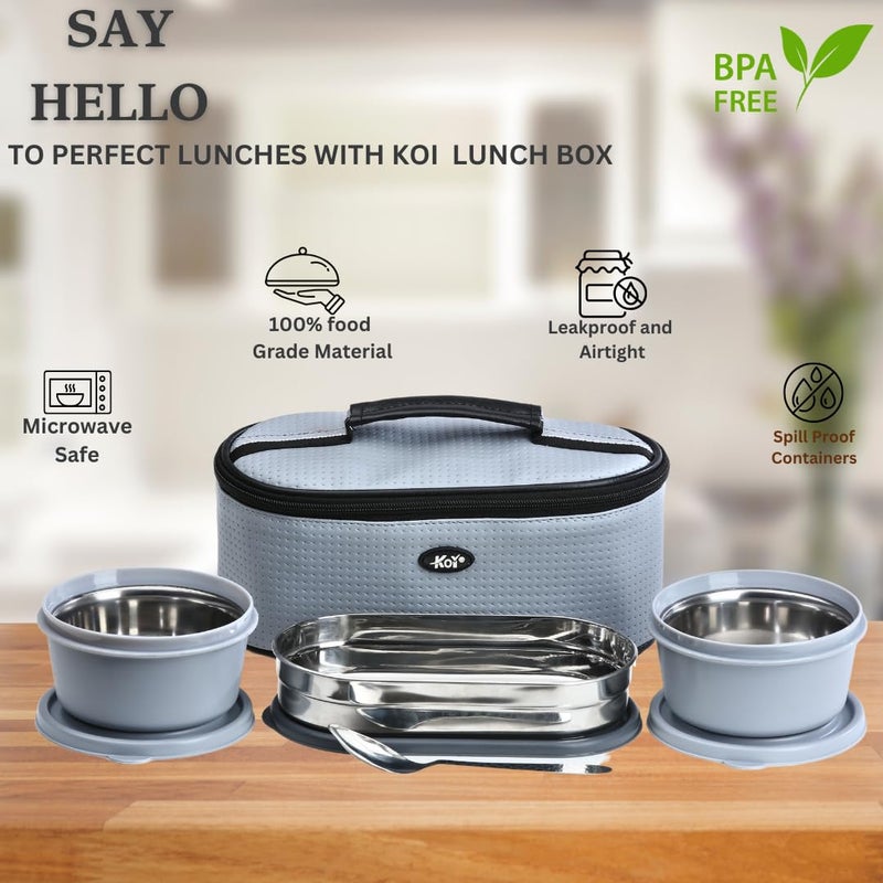 KOI TiffinPro Stainless Steel Airtight Leak-Proof Lunch Box Set Includes Insulated Bag, 2 Leakproof Containers (450ml Each) & 1 Oval Container (400ml) Stainless Steel Spoon Colour-Grey - Image 2