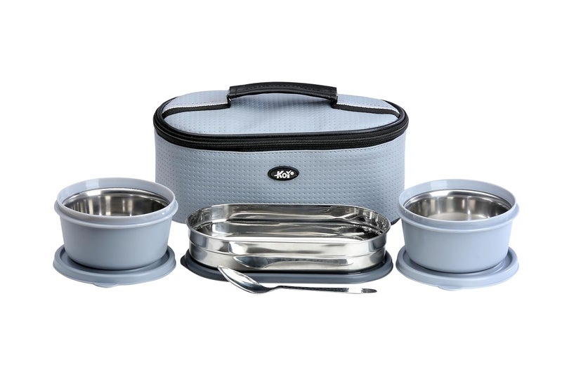 KOI TiffinPro Stainless Steel Airtight Leak-Proof Lunch Box Set Includes Insulated Bag, 2 Leakproof Containers (450ml Each) & 1 Oval Container (400ml) Stainless Steel Spoon Colour-Grey - Image 1