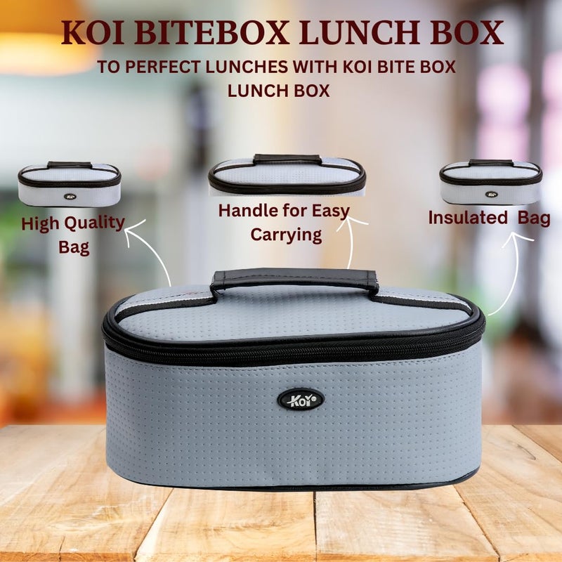 KOI TiffinPro Stainless Steel Airtight Leak-Proof Lunch Box Set Includes Insulated Bag, 2 Leakproof Containers (450ml Each) & 1 Oval Container (400ml) Stainless Steel Spoon Colour-Grey - Image 5