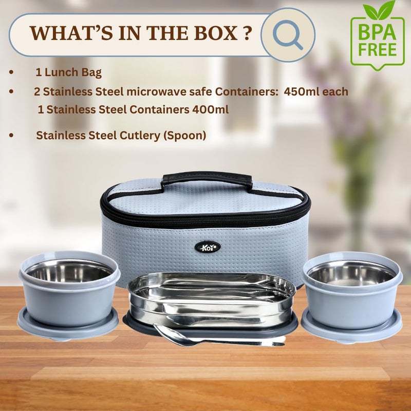 KOI TiffinPro Stainless Steel Airtight Leak-Proof Lunch Box Set Includes Insulated Bag, 2 Leakproof Containers (450ml Each) & 1 Oval Container (400ml) Stainless Steel Spoon Colour-Grey - Image 4