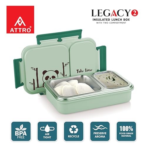 ATTRO Legacy 2 Insulated Lunch Box with Two Compartment BPA Free, Food Grade Ideal for School, Picnic, Office & Outdoor - 600ml Green, Stainless Steel - Image 2