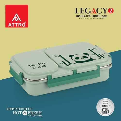 ATTRO Legacy 2 Insulated Lunch Box with Two Compartment BPA Free, Food Grade Ideal for School, Picnic, Office & Outdoor - 600ml Green, Stainless Steel - Image 3