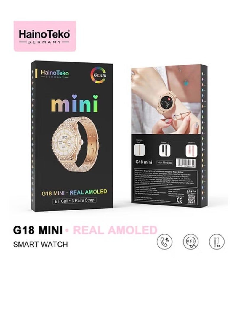 هينو تيكو ساعة ذكية G18 Mini شاشة أموليد حقيقية مع 2 سوار سليكون وسوار ذهبي مطرز للنساء متعددة الألوان - Image 1
