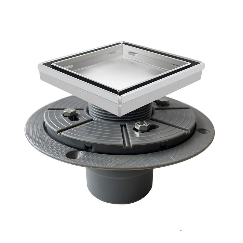Bernkot Square Shower Drain 4 with 2 PVC Flange Base 304 Stainless Steel Tile in Floor Drain wTiled Insert Grate Hair Catcher CUPC Certified Brushed Brushed 4