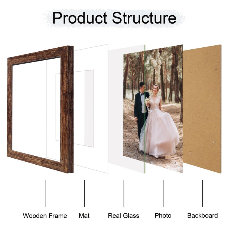iRahmen 9x12 Picture Frame Set of 4 with Tempered Glass  Wooden Rustic Frame Display 6x8 Pictures with Mat or 9 x 12 Without Mat  Photo Frame for Wall Mount and Tabletop Display - Image 3