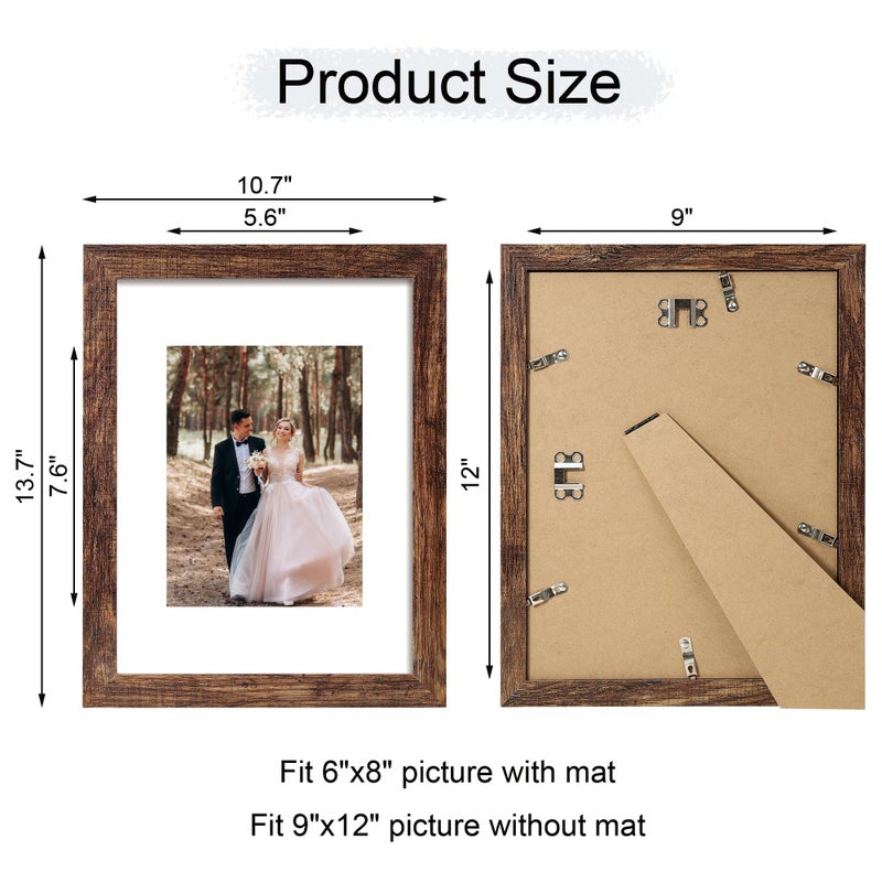 iRahmen 9x12 Picture Frame Set of 4 with Tempered Glass  Wooden Rustic Frame Display 6x8 Pictures with Mat or 9 x 12 Without Mat  Photo Frame for Wall Mount and Tabletop Display - Image 4