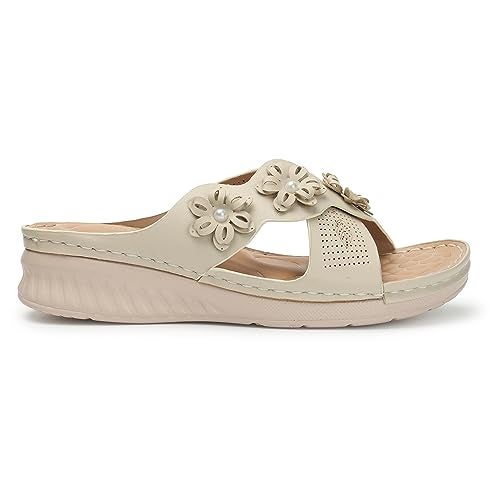 XE Looks Women's Cream Doctor Slippers | Trendy Floral Design with Cushioned Wedge Sole | Ultimate Comfort and Arch Support Doctor Slippers For Girls & Women - Image 5