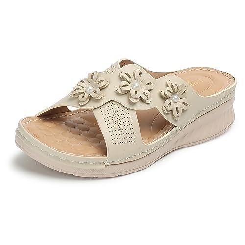 XE Looks Women's Cream Doctor Slippers | Trendy Floral Design with Cushioned Wedge Sole | Ultimate Comfort and Arch Support Doctor Slippers For Girls & Women - Image 1