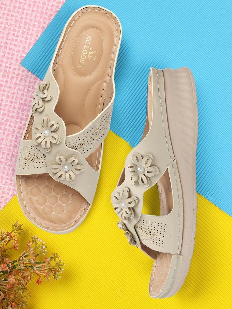 XE Looks Women's Cream Doctor Slippers | Trendy Floral Design with Cushioned Wedge Sole | Ultimate Comfort and Arch Support Doctor Slippers For Girls & Women - Image 2