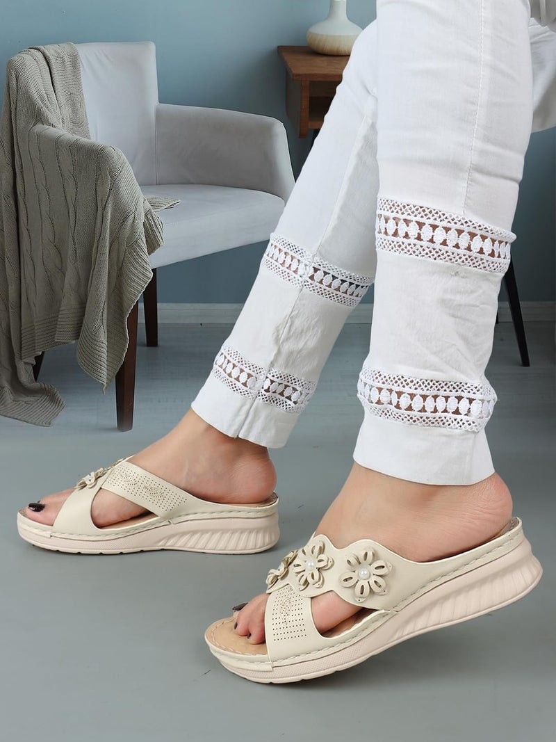 XE Looks Women's Cream Doctor Slippers | Trendy Floral Design with Cushioned Wedge Sole | Ultimate Comfort and Arch Support Doctor Slippers For Girls & Women - Image 4