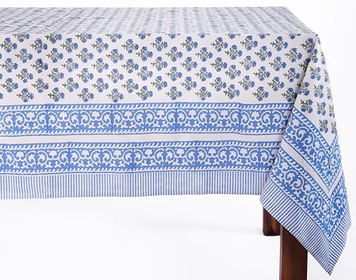 ATOSII Gulbahar Blue 100 Cotton Fall Rectangle Tablecloth Hand Block Print Washable Table Cover Christmas Parties Buffet Dining Weddings Thanksgiving Easter Home Decor 60 X 90 Inches 6 Seater