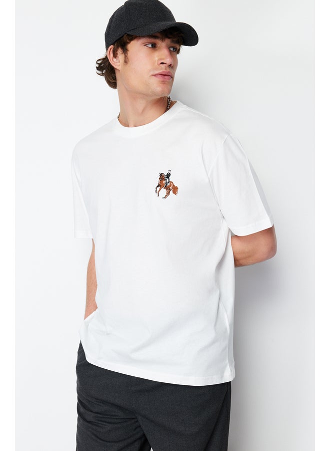 trendyol Ecru Men's Relaxed/Comfortable Cut Horse/Animal Embroidery Short Sleeve  T-Shirt - Image 1