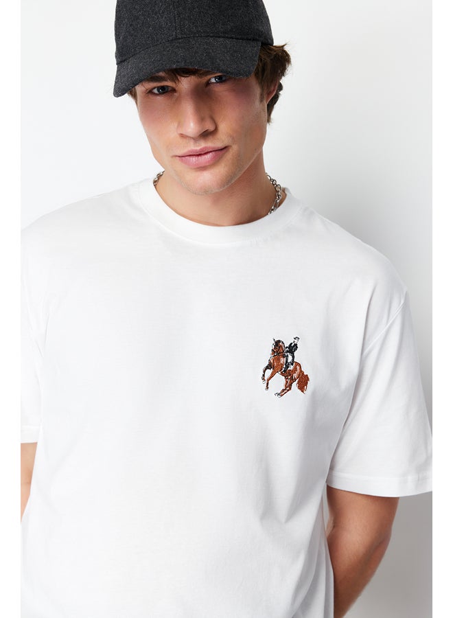 trendyol Ecru Men's Relaxed/Comfortable Cut Horse/Animal Embroidery Short Sleeve  T-Shirt - Image 5